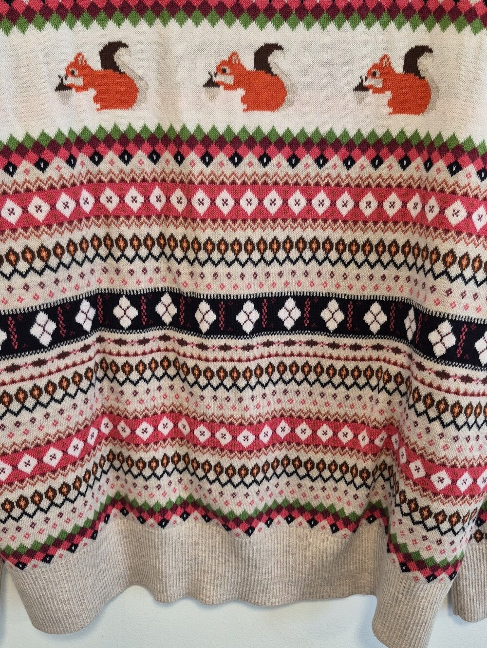 Talbots Squirrel Fair Isle Sweater Button Shoulder Crewneck Beige/Orange Size XL - Picture 10 of 12